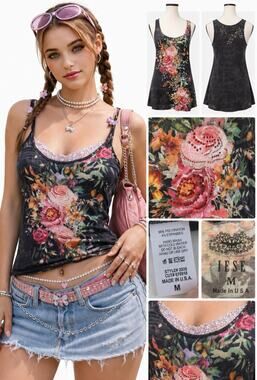Y2K Indie Sleaze IFSE Layering Tunic Tank Top Size M Black Rose Rhinestone Vegas